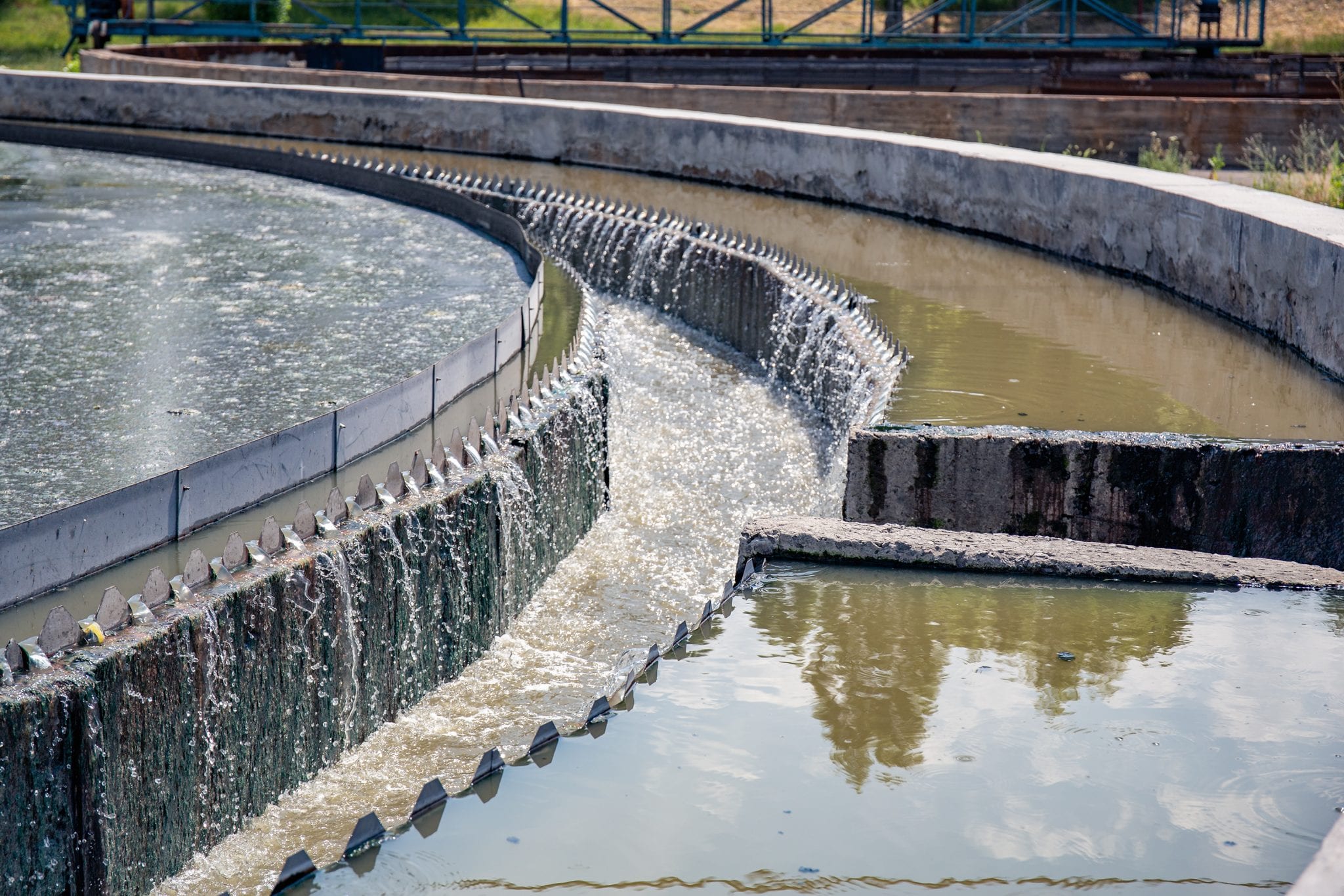 Modern urban wastewater and sewage treatment plant with aeration tanks, industrial water recycling and purification.